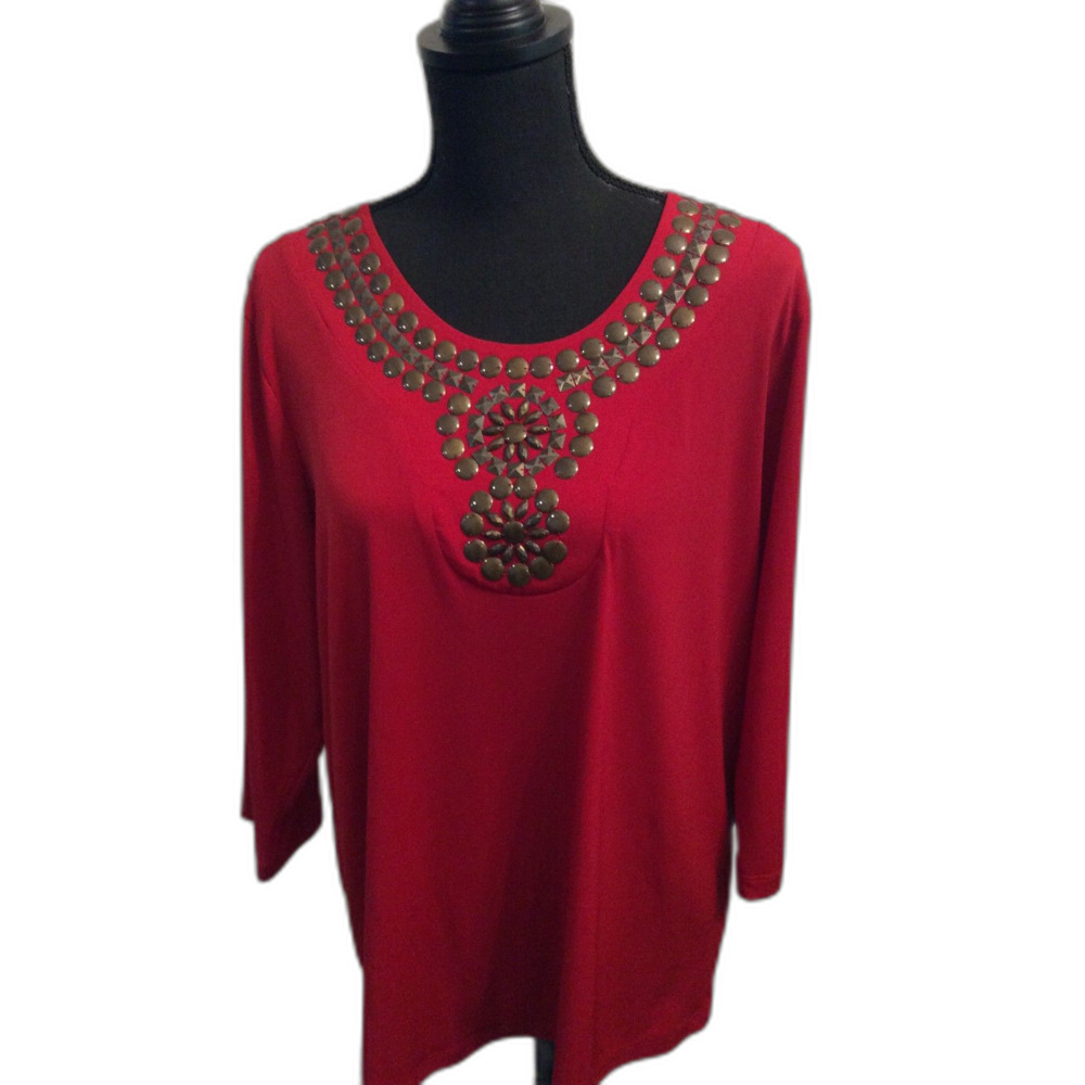 Susan Graver Large L Red Top 3/4 Sleeve Brads Embellishments Stretch